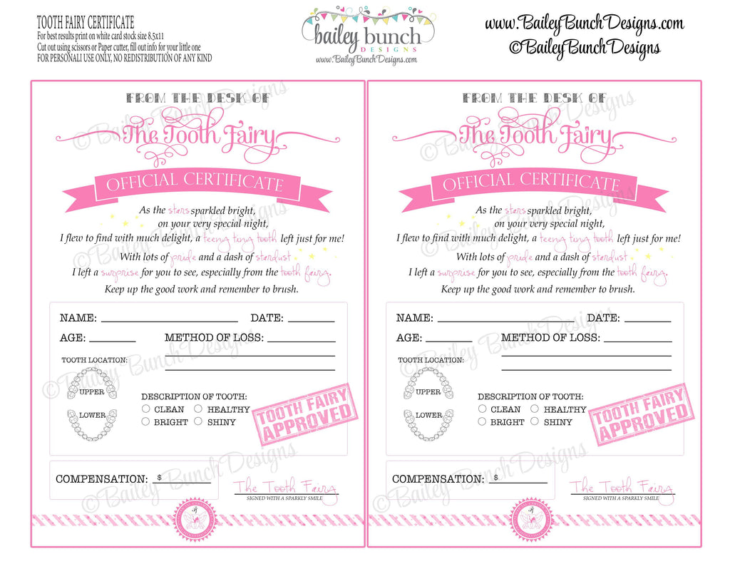 Tooth Fairy Certificate - PINK - INSTANT DOWNLOAD IDTOOTHPINK0520