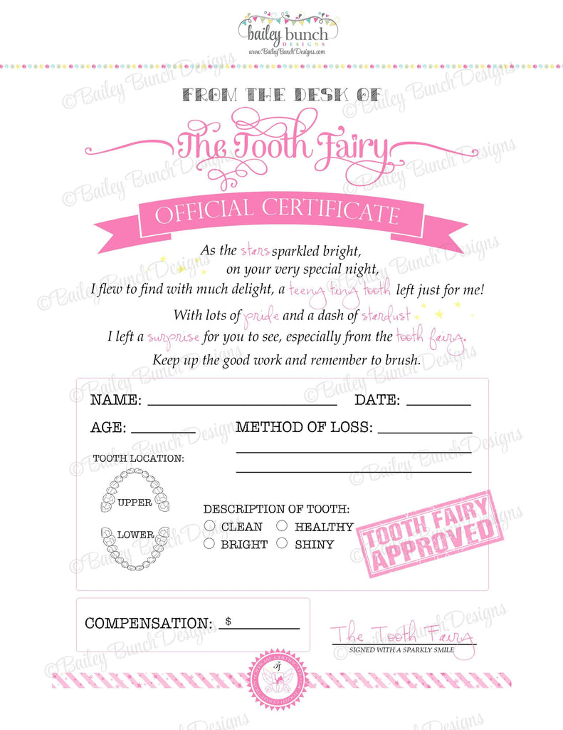 Tooth Fairy Certificate - PINK - INSTANT DOWNLOAD IDTOOTHPINK0520