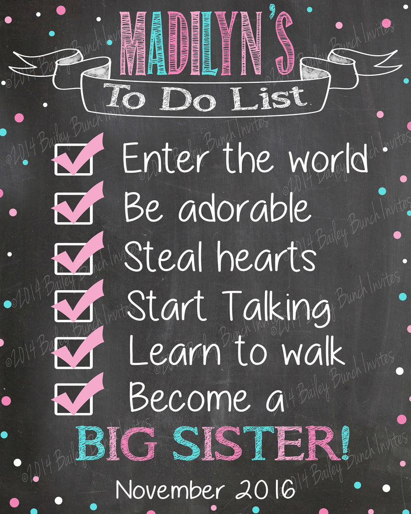 Pregnancy Reveal Announcement Chalkboard Sign, Big Sister, Big Brother to do list TODOLIST0520