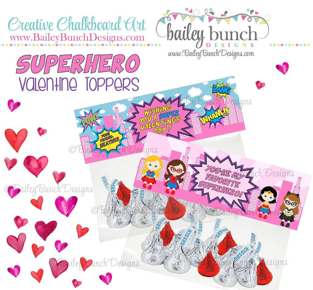 Superheros Valentine Bag Toppers, Girl PINK Superhero Valentines VDAYHEROGIRLPINK0520